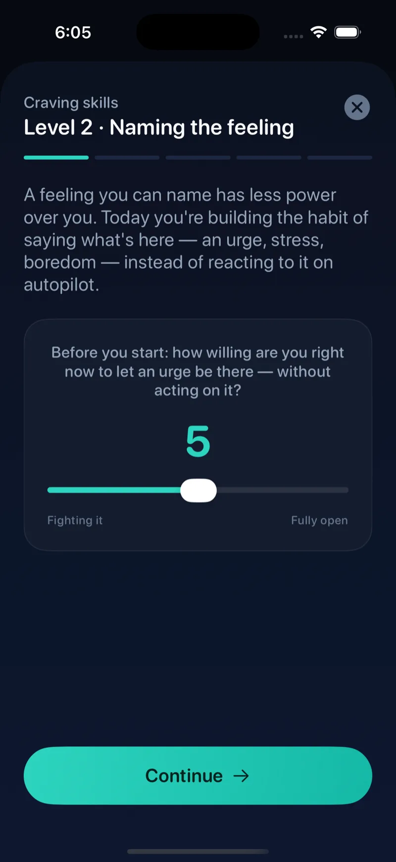 An Unhooked craving-skills drill: a guided exercise on naming the feeling, with a willingness slider.