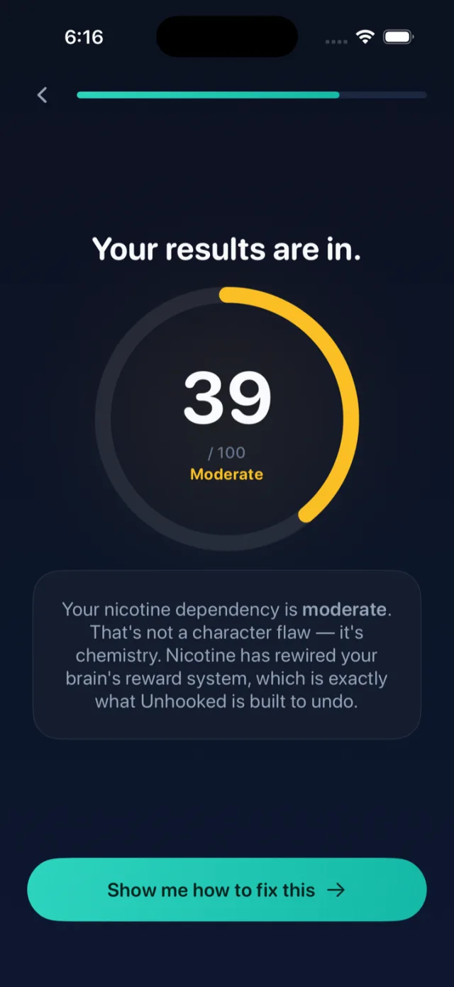 The Unhooked dependency score: an animated ring showing a personalized nicotine-dependence reading.
