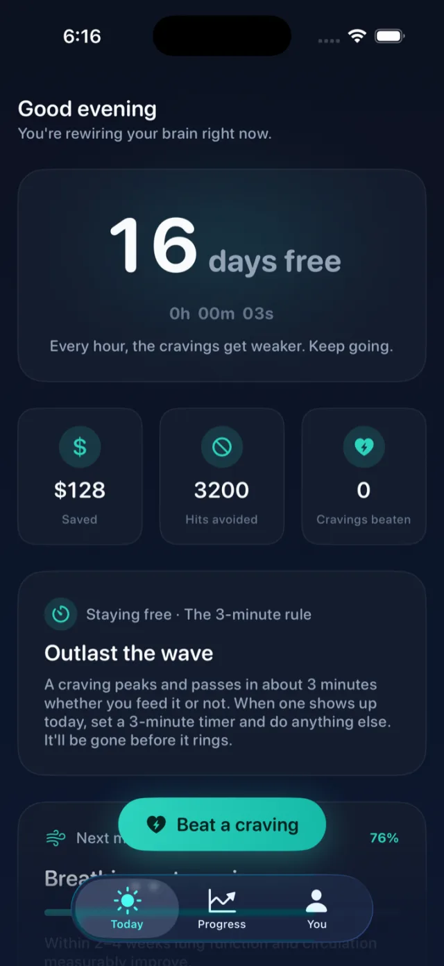 The Unhooked Today screen: a live counter reading 16 days free, with money saved, hits avoided, and today's focus.